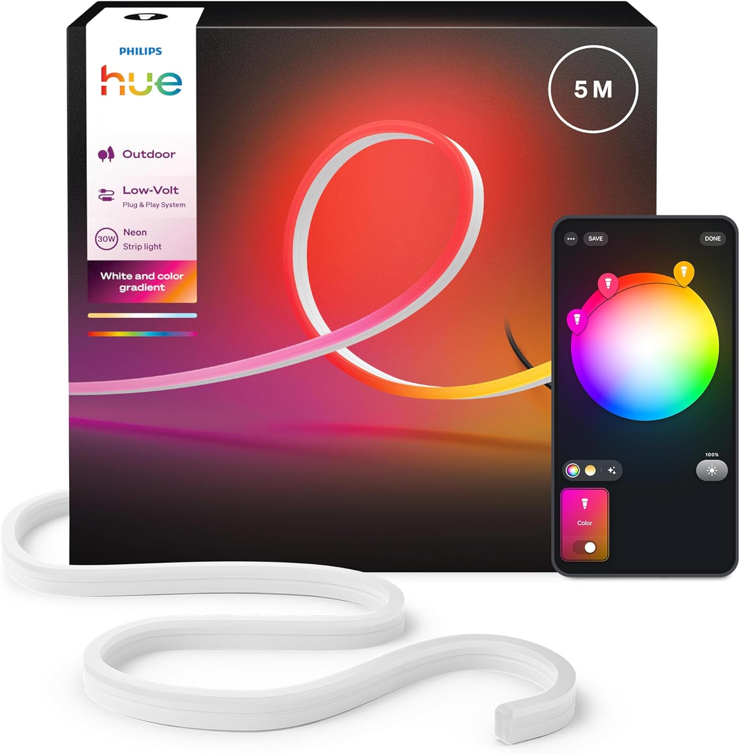 Hue Neon Tira LED inteligente 5M, RGB, 1100 lm, iluminación exterior, tecnología Chromasync™, resistente al agua, baja tensión, control por app y voz, con Alexa, Google Assitant y Apple HomeKit