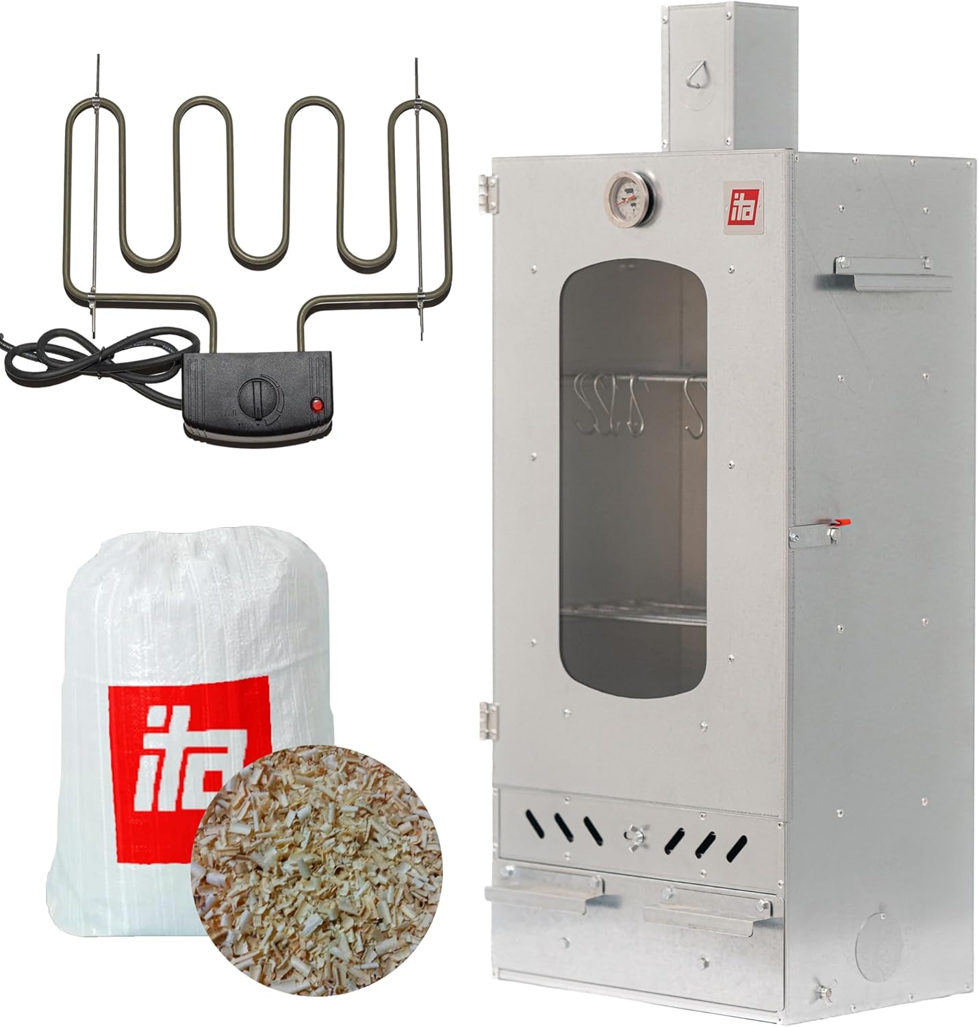 ITA Ahumador Eléctrico 7012 - Smoker Premium Eléctrico con Calefacción - Armario con Ventana y Chimenea - Acero Aleado - Calidad UE, Directo del Fabricante - 81 cm con 3 Estantes