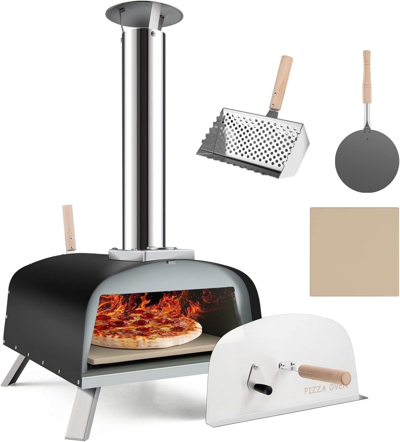 GOPLUS - Horno de pizza para exterior de madera, patas plegables, hornos de pizza con 33 cm de piedra para pizza, pala, cortafuegos, chimenea extraíble para jardín, patio, camping