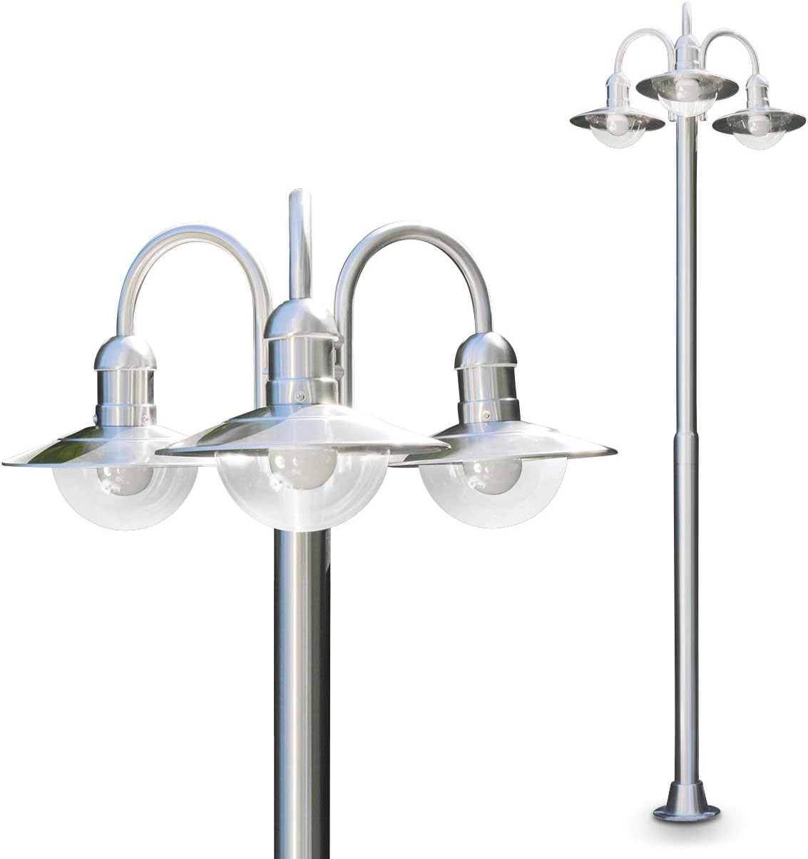 Lámpara de exterior Elima, candelabro de acero inoxidable de diseño moderno, con pantallas de cristal, luz de sendero de 3 brazos de 200 cm, lámpara de jardín con casquillo E27, IP44, sin bombilla(s)