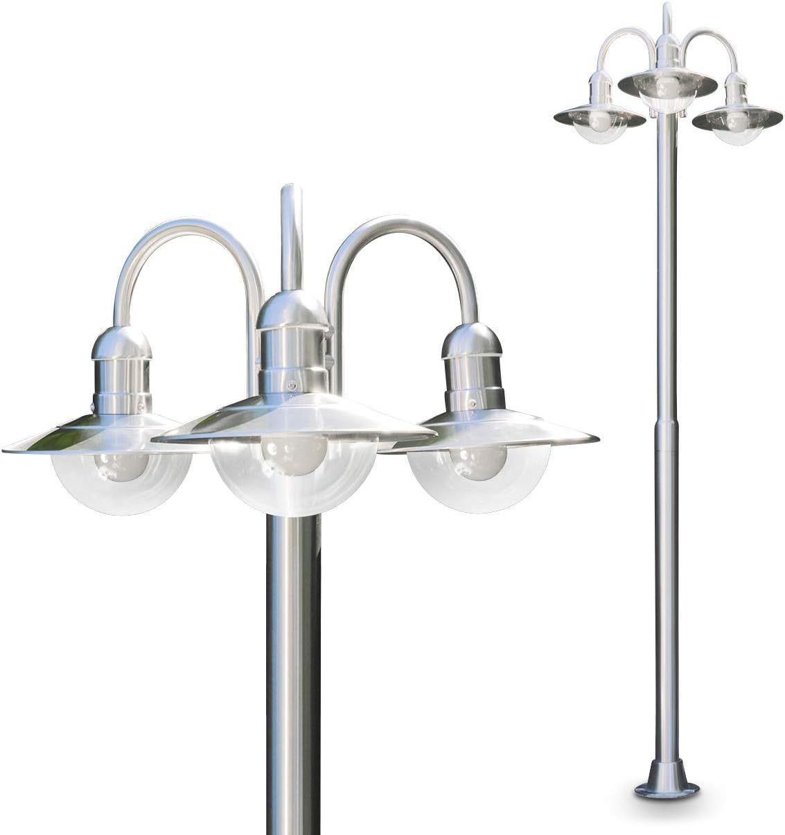 Lámpara de exterior Elima, candelabro de acero inoxidable de diseño moderno, con pantallas de cristal, luz de sendero de 3 brazos de 200 cm, lámpara de jardín con casquillo E27, IP44, sin bombilla(s)