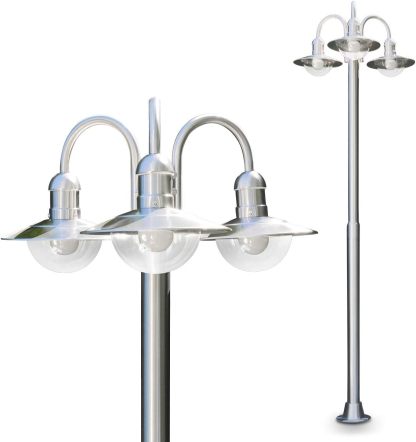 Lámpara de exterior Elima, candelabro de acero inoxidable de diseño moderno, con pantallas de cristal, luz de sendero de 3 brazos de 200 cm, lámpara de jardín con casquillo E27, IP44, sin bombilla(s)