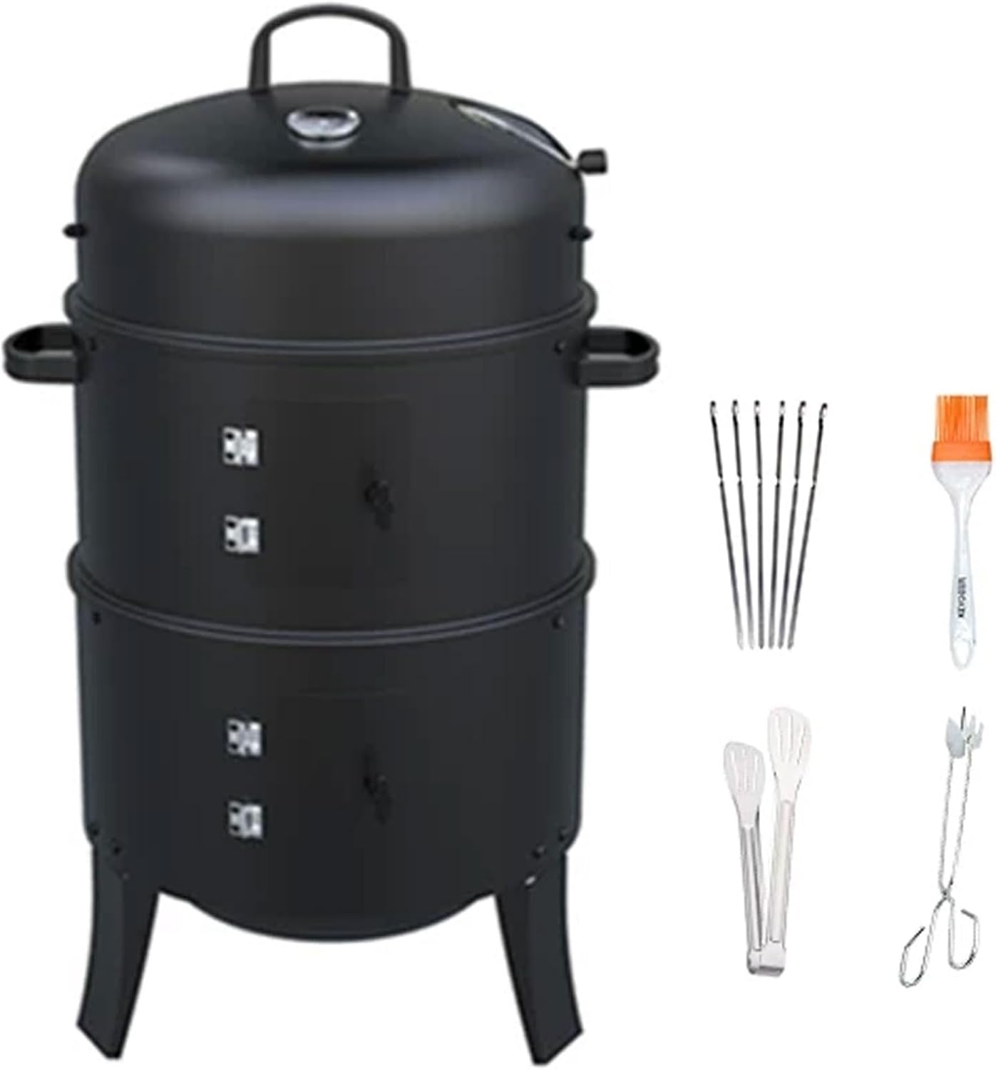 Asador 2 en 1 Ahumador Barbacoa Termómetro Y Salida De Aire Diámetro 51,5 Cm Pestillo De La Puerta Delantera para Aire Libre O De Camping Barbacoa Multifunción