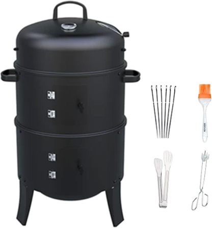 Asador 2 en 1 Ahumador Barbacoa Termómetro Y Salida De Aire Diámetro 51,5 Cm Pestillo De La Puerta Delantera para Aire Libre O De Camping Barbacoa Multifunción