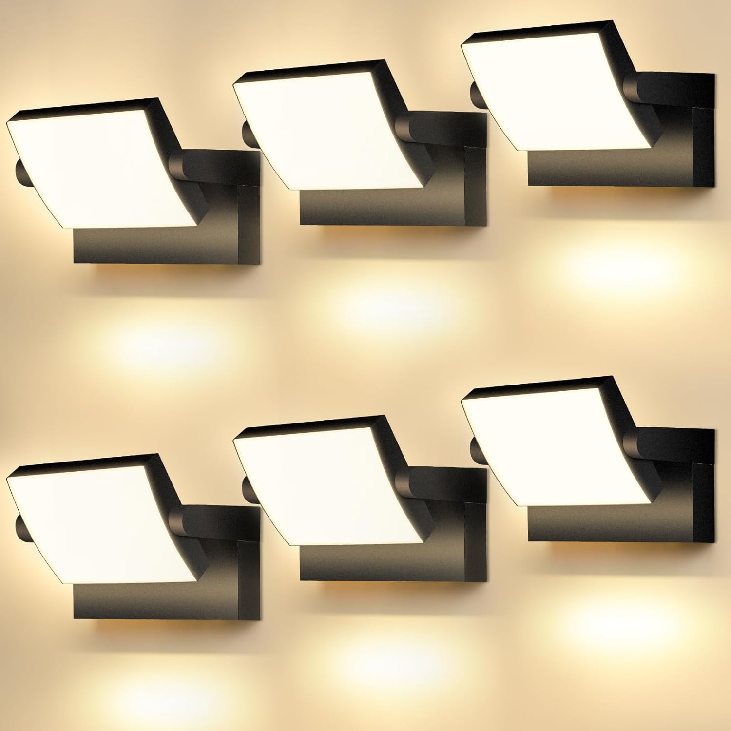 6 lámparas LED de pared de 40 W para exteriores/interiores, resistentes al agua IP65, modernas, con panel LED giratorio, para entrada de jardín, 4000 lúmenes, color negro, blanco cálido 3000 K