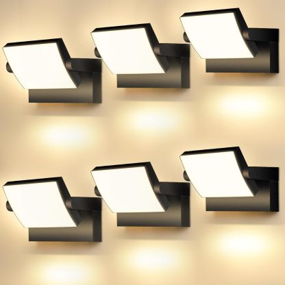 6 lámparas LED de pared de 40 W para exteriores/interiores, resistentes al agua IP65, modernas, con panel LED giratorio, para entrada de jardín, 4000 lúmenes, color negro, blanco cálido 3000 K