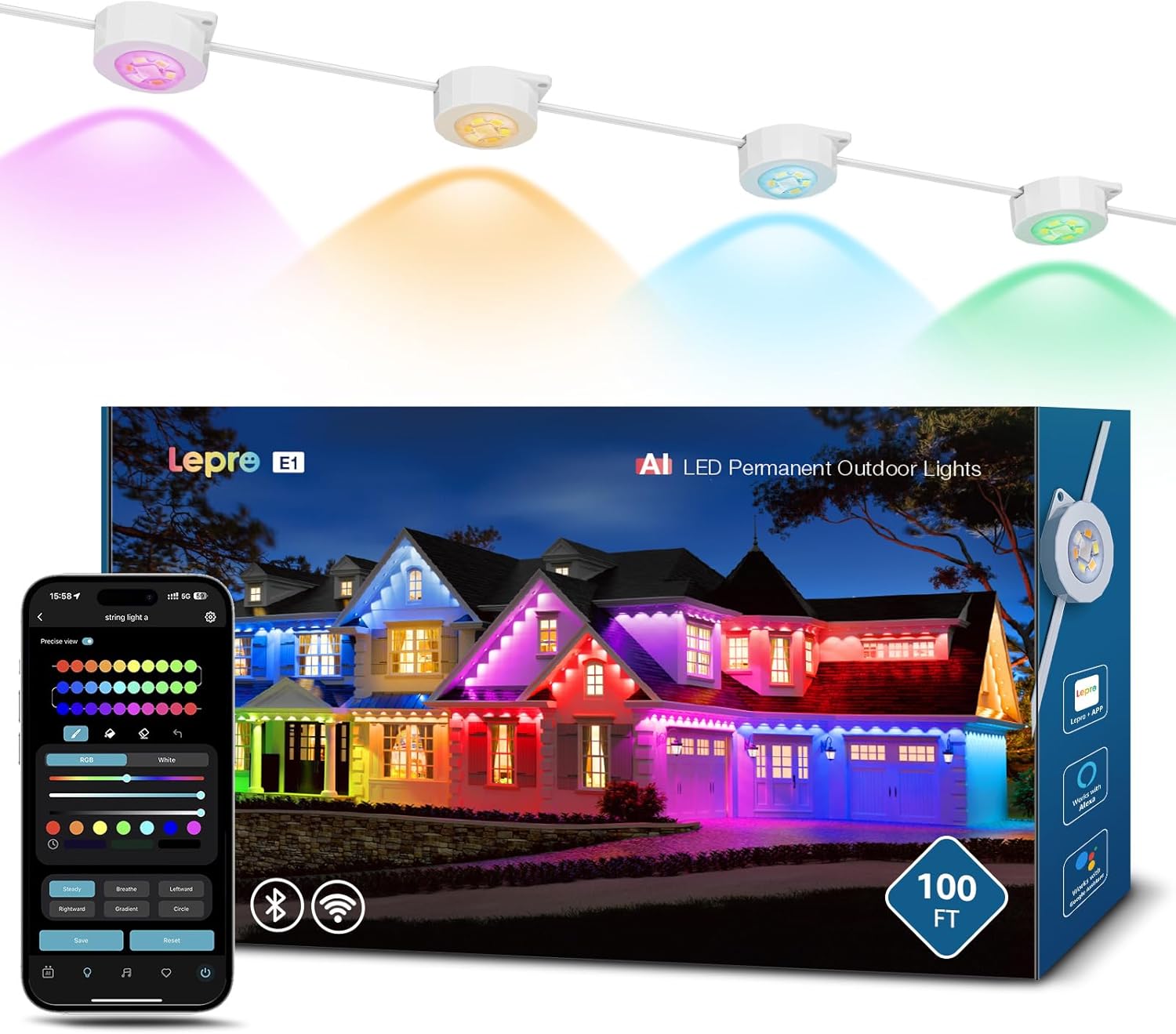 Lepro E1 AI Permanente Outdoor Lights 30m, 60 Leds Luces Exteriores Inteligentes para Aleros, RGBIC & Blanco Ajustable, Diseñador de Iluminación AI Personalizado Compatible con Alexa/Google Assistant