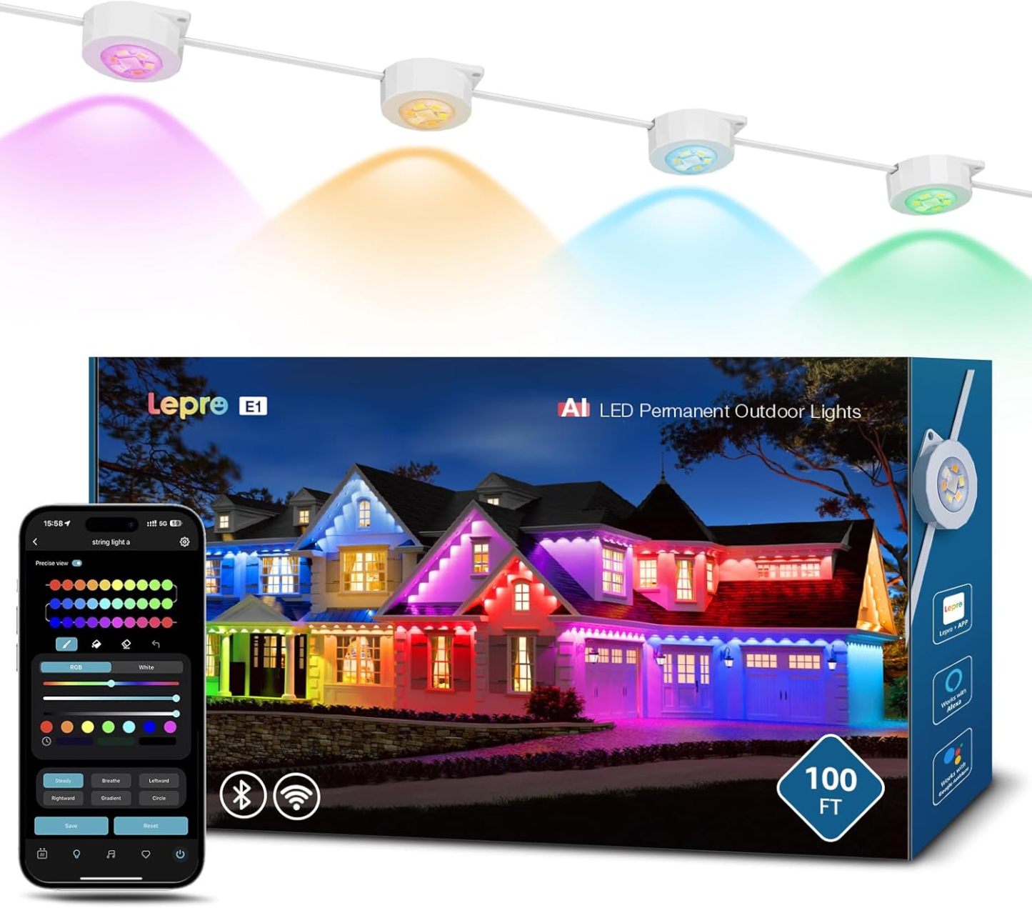 Lepro E1 AI Permanente Outdoor Lights 30m, 60 Leds Luces Exteriores Inteligentes para Aleros, RGBIC & Blanco Ajustable, Diseñador de Iluminación AI Personalizado Compatible con Alexa/Google Assistant
