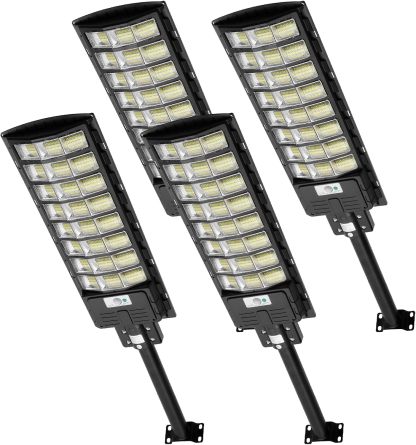 Viugreum 4 Packs 800W Farola Solar Exterior, Lámpara LED con Sensor de Movimiento y Mando a Distancia, IP65 Impermeable, 6500K Foco Exterior Temporizador Para Aparcamiento Jardín