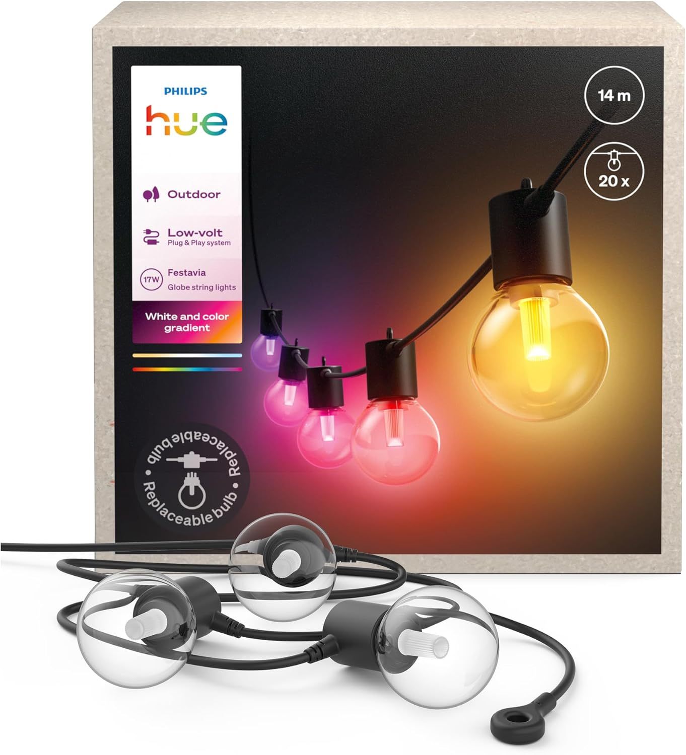 Philips Hue Festavia - guirnaldas de luces para exterior, 14m, RGB, 20 bombillas LED, regulables, control con app Hue, funciona con Alexa, Google Assistant y Apple Home