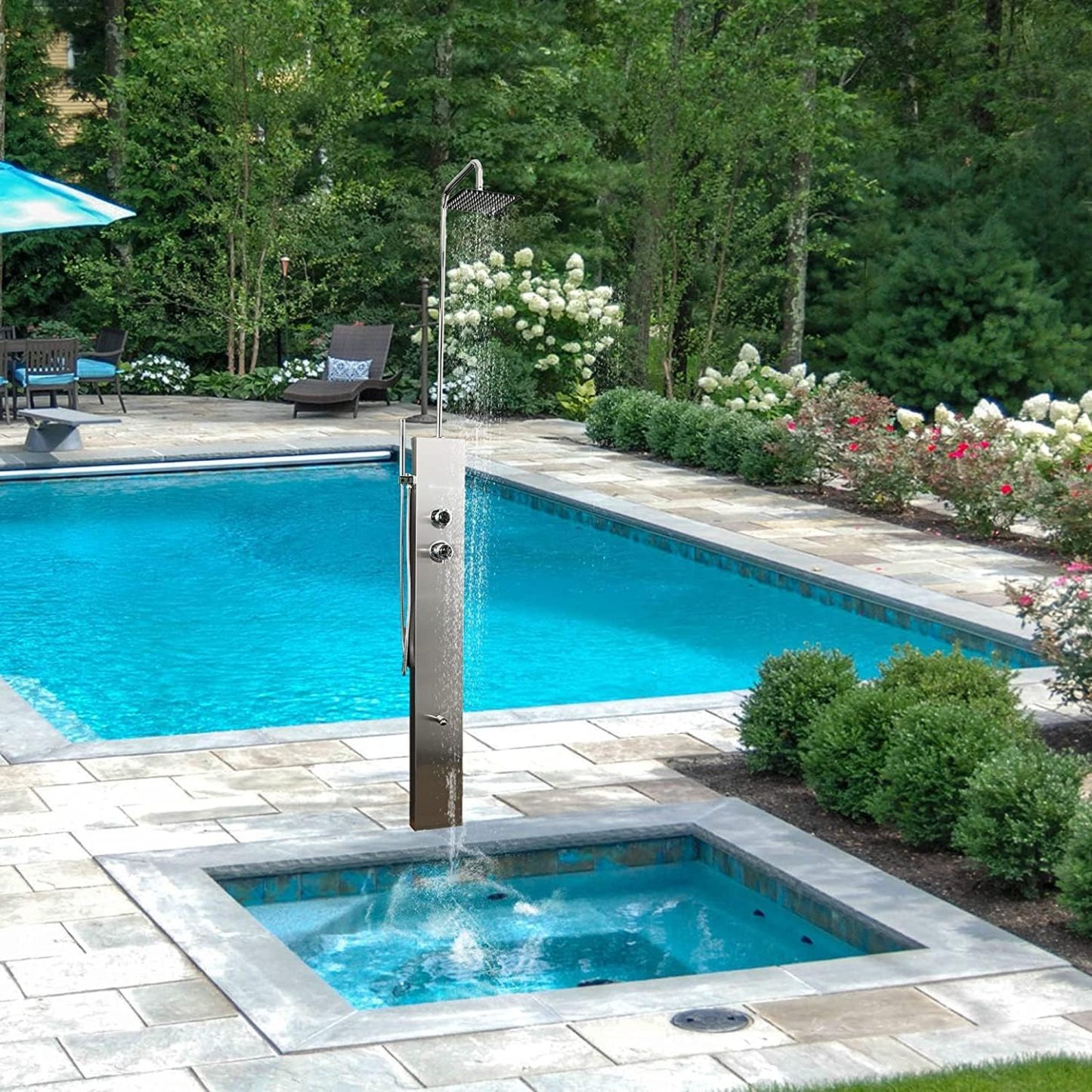 Elbe Ducha de jardín con mezclador de una sola palanca, ducha de techo, ducha de pie y alcachofa de mano, de acero inoxidable 304, ducha de exterior para jardín y piscina