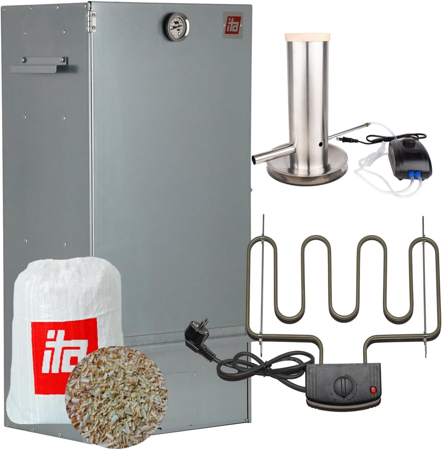 ITA Horno eléctrico para ahumar 7001 – Juego de ahumar con calefacción, generador de humo, armario para ahumar con termómetro, acero aleado, calidad europea, directo del fabricante, 81 cm con 3 pisos