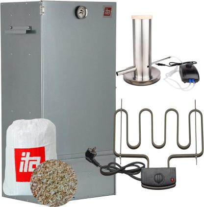 ITA Horno eléctrico para ahumar 7001 – Juego de ahumar con calefacción, generador de humo, armario para ahumar con termómetro, acero aleado, calidad europea, directo del fabricante, 81 cm con 3 pisos