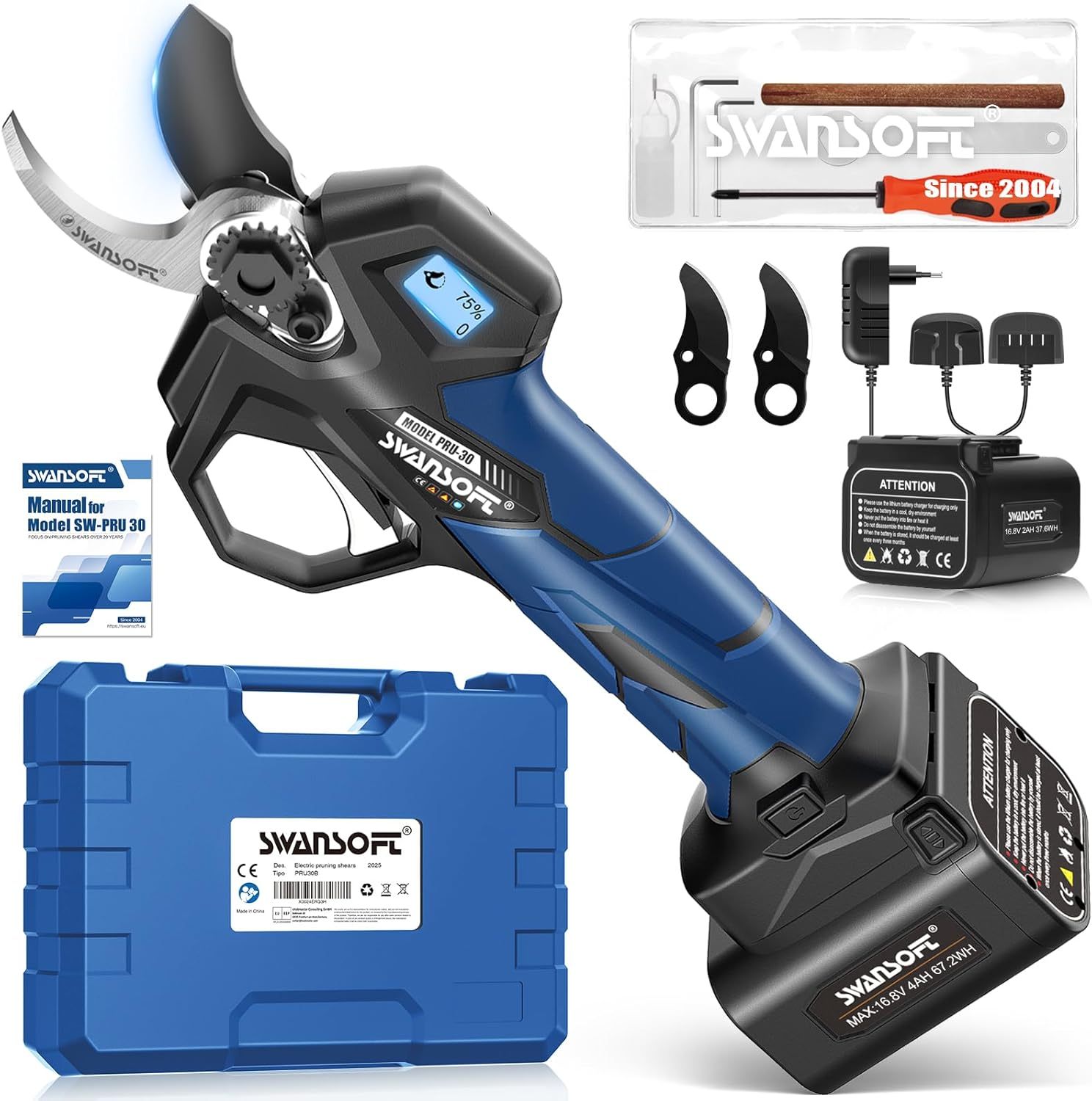 【2025 Podado Pro De Viñas】SWANSOFT PRU30 Tijeras de Podar Electricas, Profesionales 30mm 16,8V 850W 4+2Ah Tijera de Podar Podadora Electrica Bateria | Tijera Podar Electrica, Azul