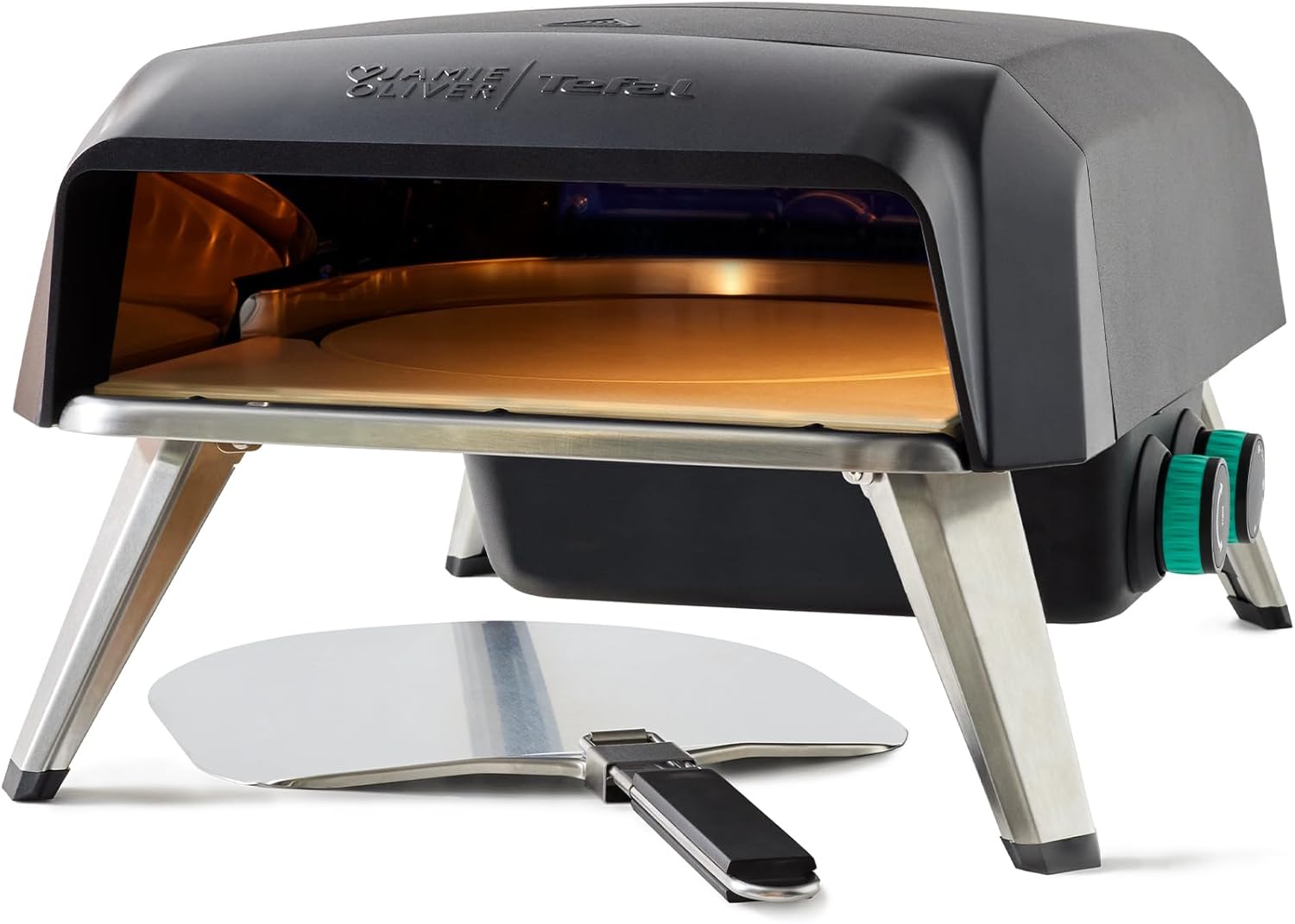 Jamie Oliver by Tefal - Horno de pizza de piedra giratorio a gas, máquina de pizza casera, para exteriores, piedra giratoria interior de 360 grados, pelar, conector de gas JM4168G0