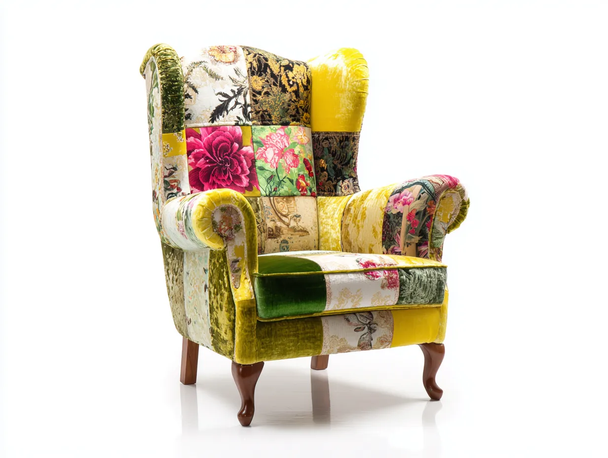 Sillón orejero - Tela-Madera - 96x100x115 cm - Verde/Amarillo/Multicolor - estilo clásico-Denuppad