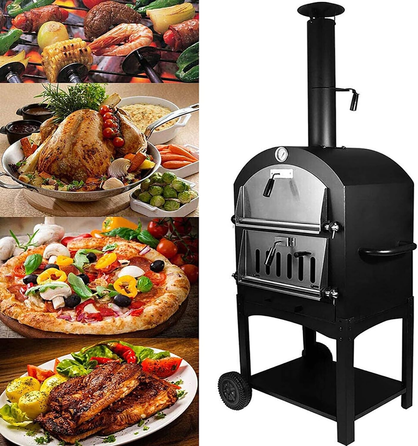 Horno de pizza para exteriores con termómetro integrado y ruedas para una fácil portabilidad en patios, campamentos y parques