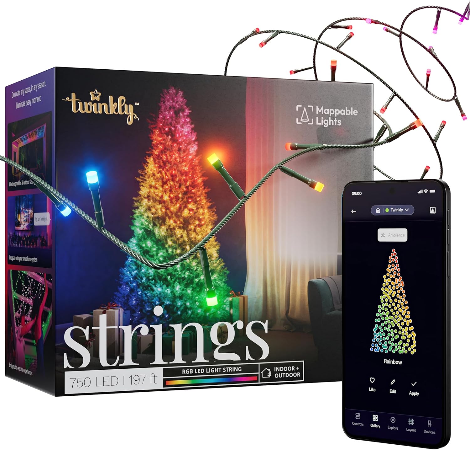 Twinkly Strings 750 LED RGB Luces LED para Exterior e Interior, Luces LED Inteligentes Compatible con Alexa y Google Home, IP44, Decoración de Navidad, Control de Aplicación, Cable Negro, 60 m