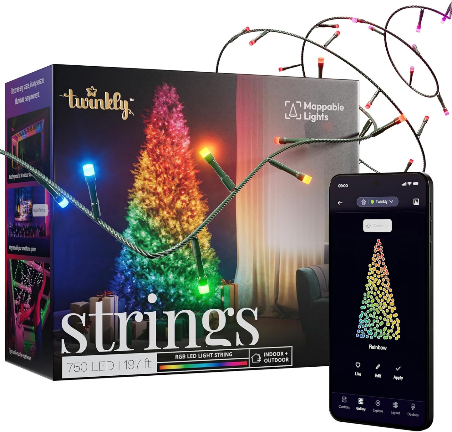 Twinkly Strings 750 LED RGB Luces LED para Exterior e Interior, Luces LED Inteligentes Compatible con Alexa y Google Home, IP44, Decoración de Navidad, Control de Aplicación, Cable Negro, 60 m