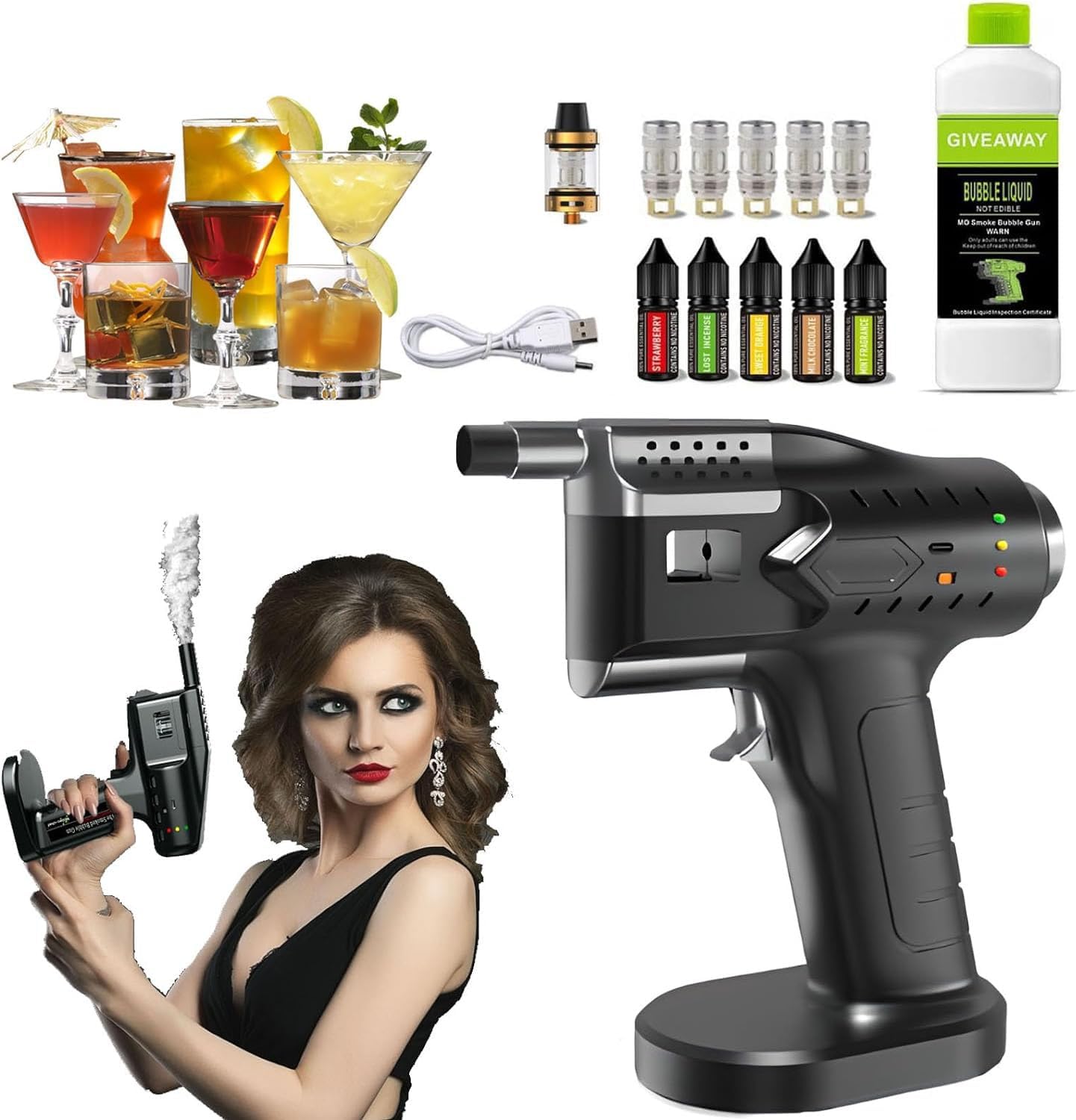 Ahumador de Alimentos, Pistola infusora de Humo alimentada por USB, Kit para ahumar cócteles, Pistola de Burbujas ahumada para Alimentos de Cocina Apto para cócteles, barbacoa, etc