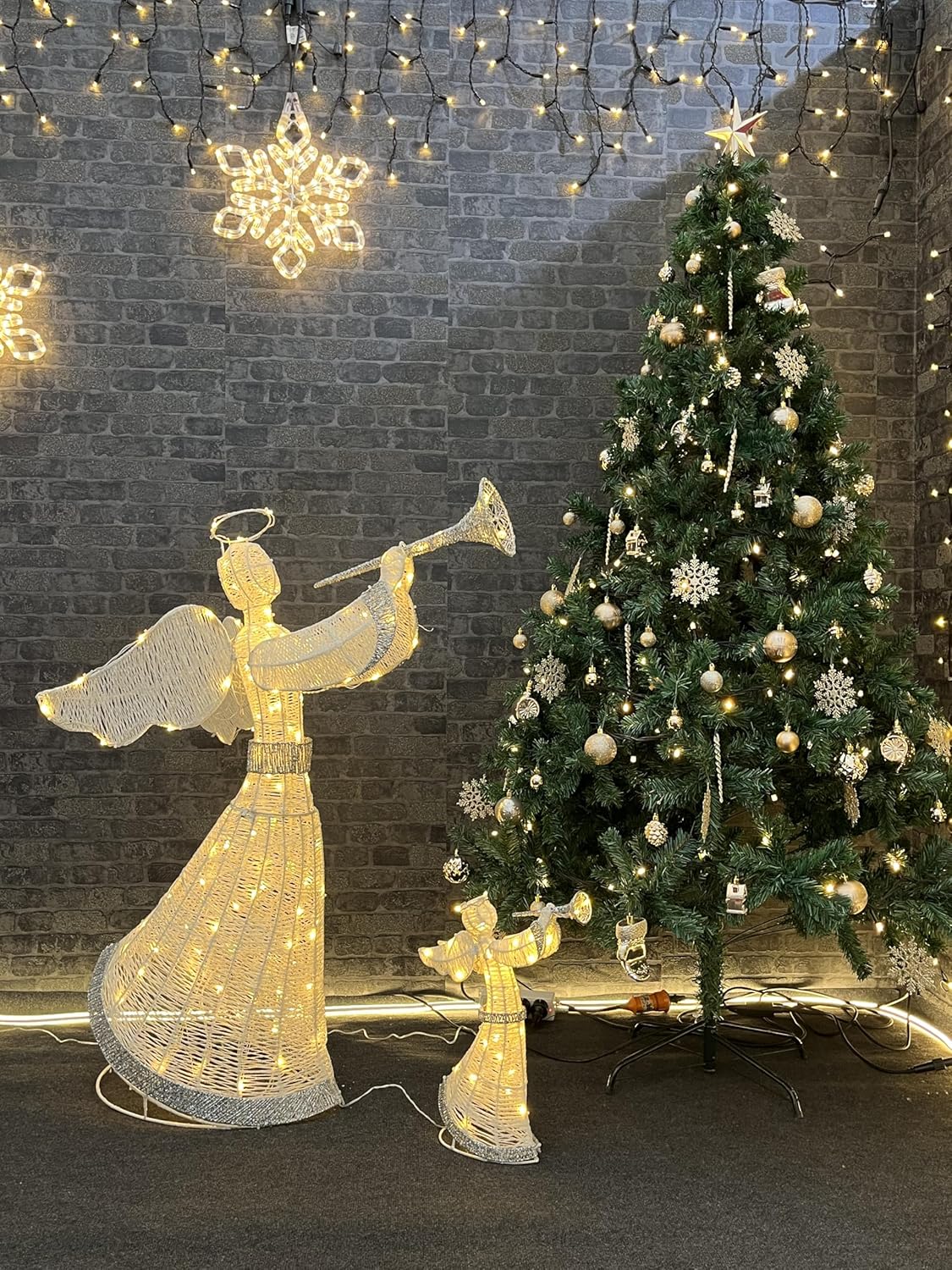 Relax Serie - Ángel Set LED, grande y pequeño, figuras de iluminación navideña, blanco cálido, luz continua, con temporizador, IP44, exterior e interior