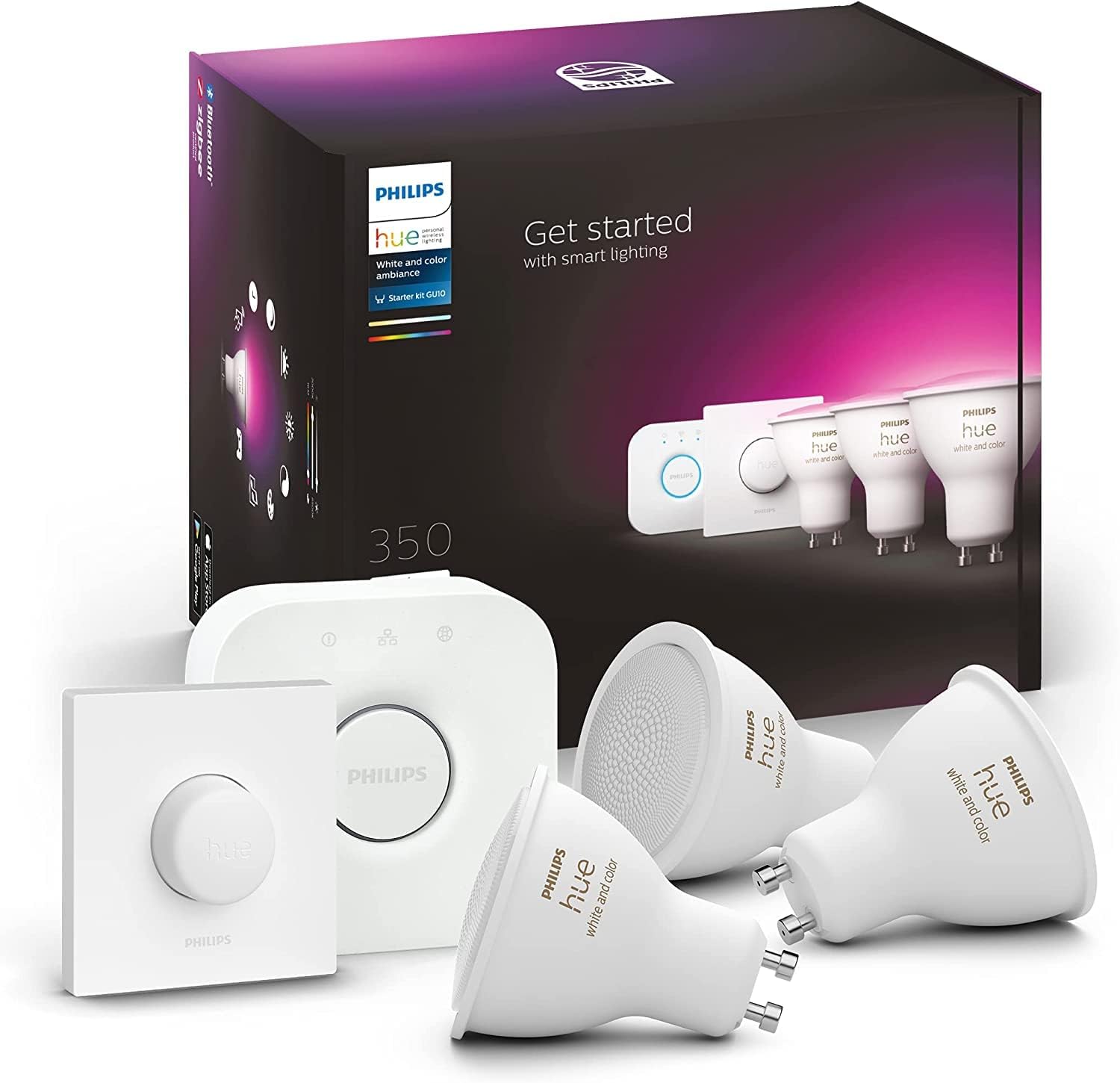 Philips Hue - Bombilla Inteligente, GU10, Luz Blanca y de Colores, 5. 7W, Compatible con Alexa y Google Home - Pack de 3 Bombillas LED inteligentes + Botón Inteligente + Hue Bridge