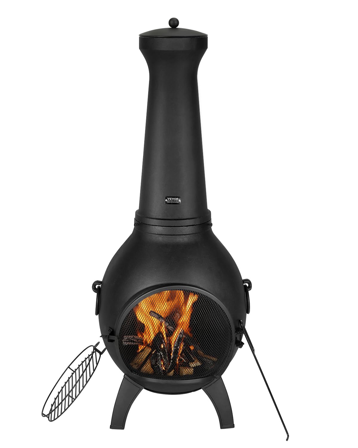 VEVOR Chimenea de Leña Exteriores 457 mm, Chimenea Esférica para Barbacoa y Calentamiento con Malla para Parrilla Revestimiento para Tapa a Prueba de Óxido para Patio, Jardín, 430 x 420 x 1120 mm