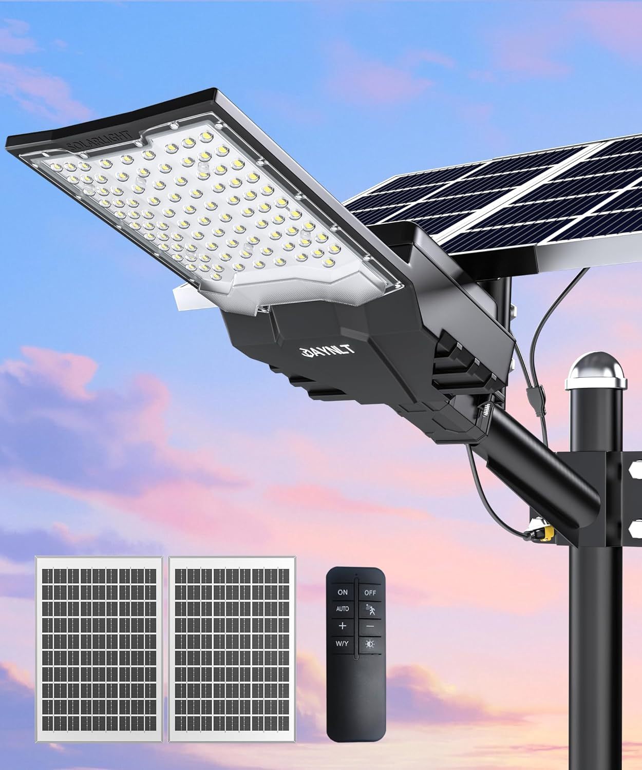 JAYNLT X-18000W Farolas Solares Exterior, 6500K Farola Solar Potente con Control Remoto, IP67 Impermeables Foco Solar Exterior, Luz de Seguridad para Patio, Terraza, GarageX-