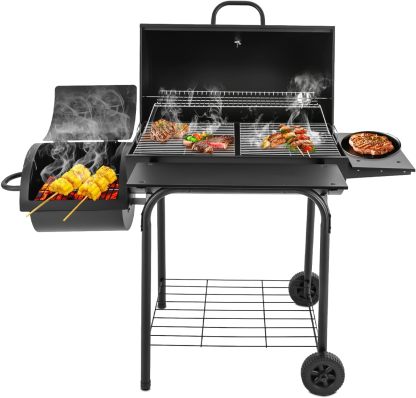 Gourmet - Barbacoa de carbón vegetal con tapa, parrilla para ahumar portátil con termómetro, 2 estantes, cajón para cenizas y rejilla para mantener el calor, amplia superficie de barbacoa para jardín