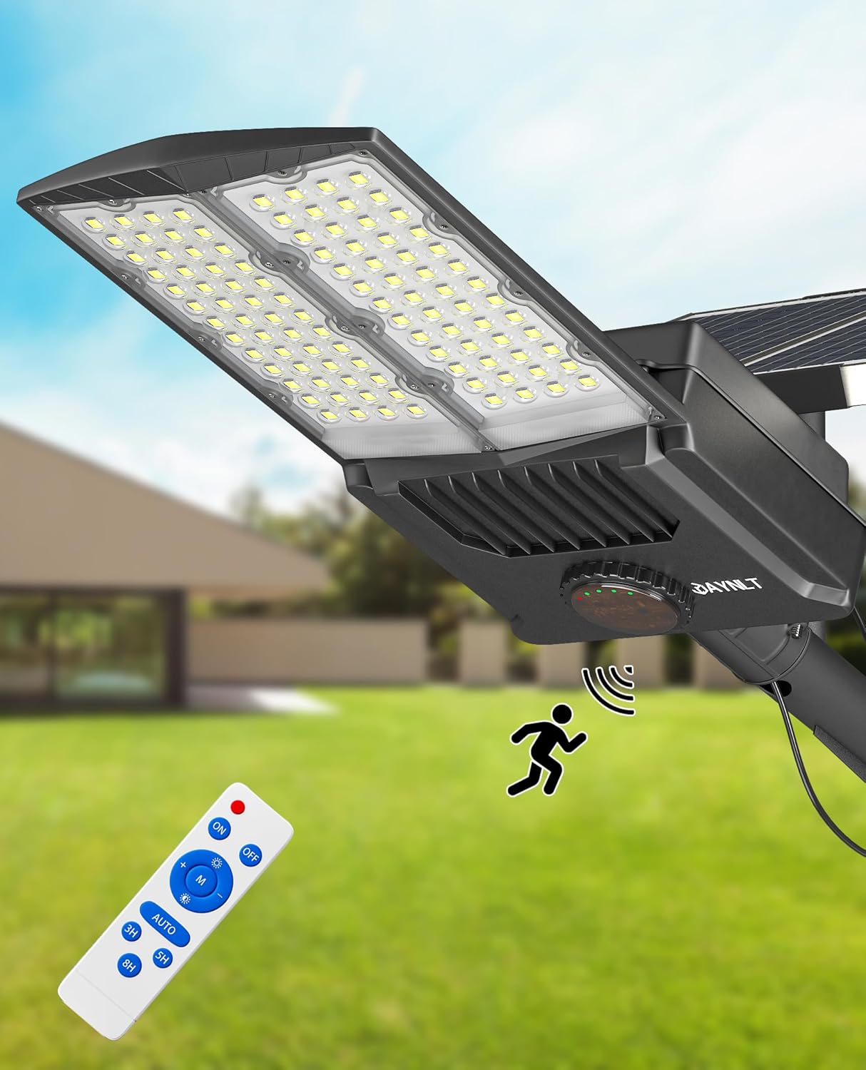 JAYNLT Y-9000W Farolas Solares Exterior, 65000K Luces Solares LED con Sensor de Movimiento, IP67 Impermeables Farola Solar Potente Potente, Foco Solar Exterior para Patio, Calzadas, Calle
