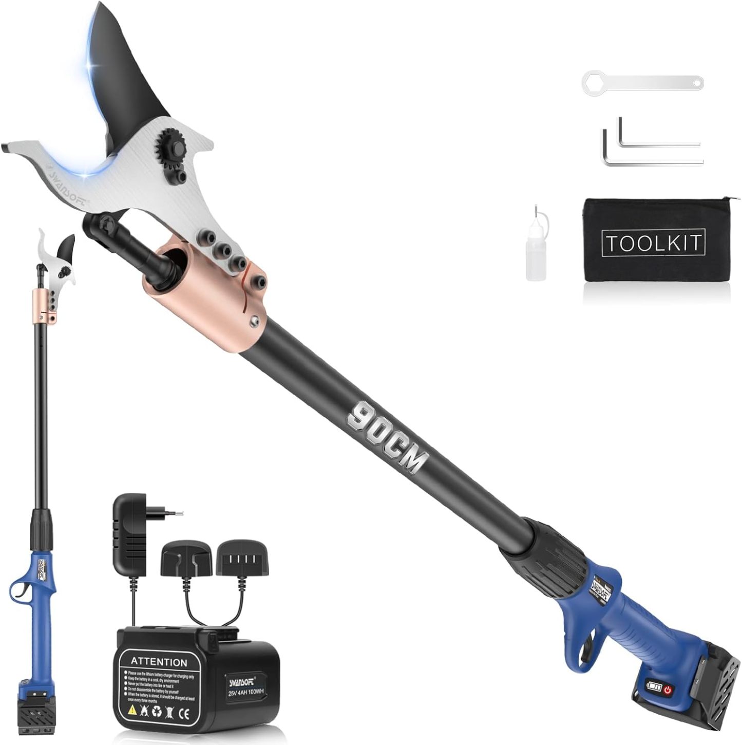 SWANSOFT Tijeras de podar eléctricas con Varilla, 40mm 25.2V /4+4Ah Tijeras a batería con Motor sin escobillas de 1050W Tijeras a batería Profesionales, SW-921-1 (0.9 Metros de Altura)