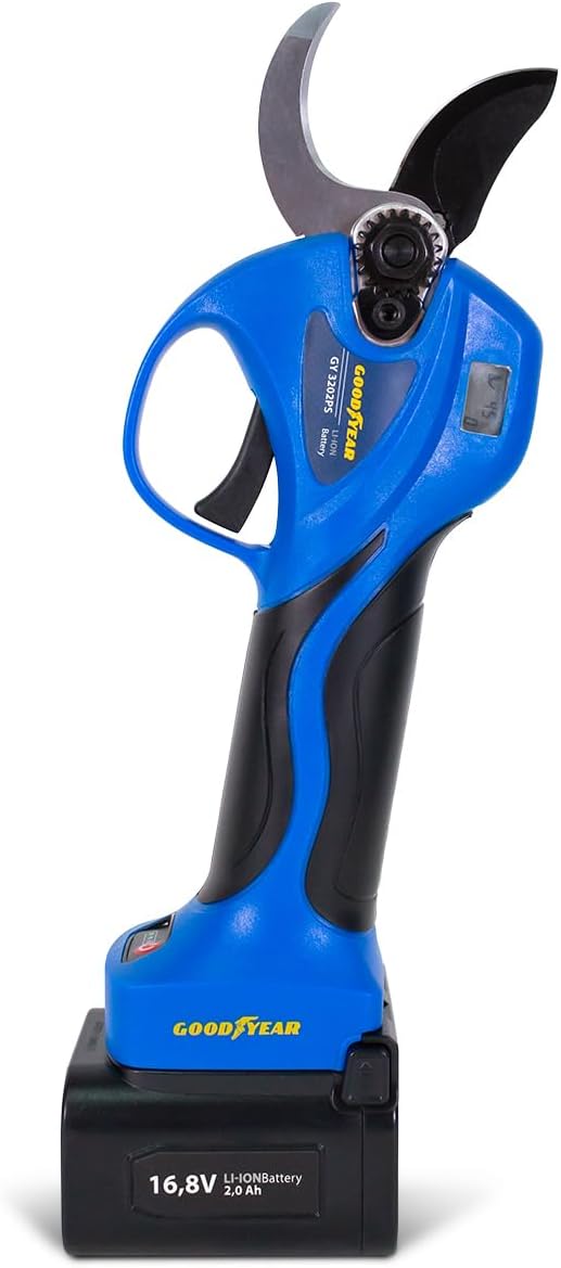 Goodyear – Tijeras de Podar Eléctricas 2000mAh 16.8V, 25-32mm Diámetro Corte, 840W Potencia, Tijeras Anticorte + progresivo hasta 3 horas Autonomía, Incluye 2 baterías y kit herramientas