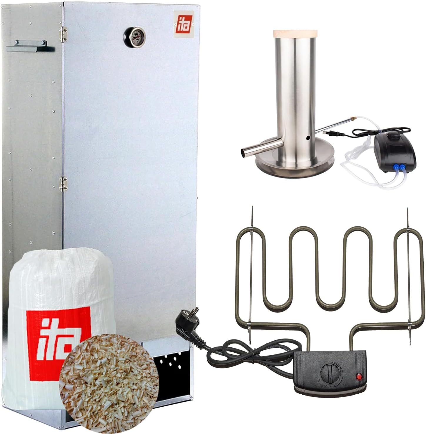 ITA Horno eléctrico para ahumar 7004 – Juego de ahumador con calefacción, generador de humo, tamaño XL, con termómetro, acero inoxidable, calidad europea, directamente del fabricante, 111 cm con 4