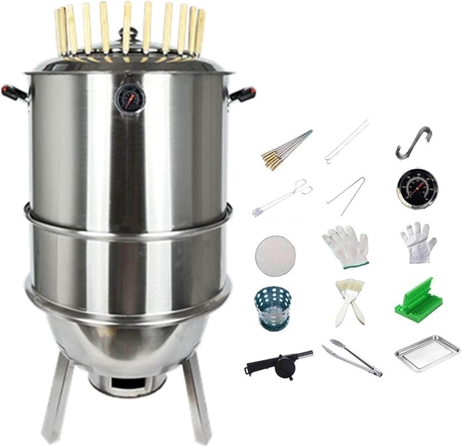 Ahumador Barril para Asar Carne Diámetro 80 Cm Fabricado en Acero Inoxidable Cocción 360° Con Termómetro Totalmente Lavable para Camping Jardín Parrillero(43 * 80cm)