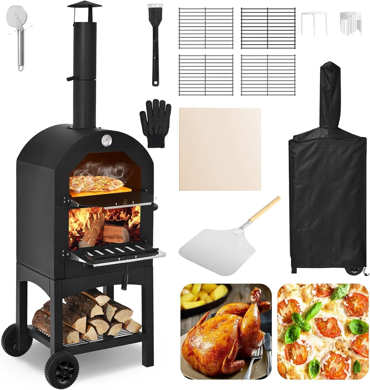 GOPLUS Horno de Pizza al Aire Libre con 31cm de Piedra y Termómetro Doble, Horno para Pizza con 2 Ruedas y Funda Impermeable, Calentador de Pizza con Mango Ergonómico para Picnic, Hasta 350ºC