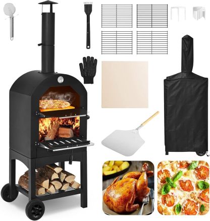 GOPLUS Horno de Pizza al Aire Libre con 31cm de Piedra y Termómetro Doble, Horno para Pizza con 2 Ruedas y Funda Impermeable, Calentador de Pizza con Mango Ergonómico para Picnic, Hasta 350ºC