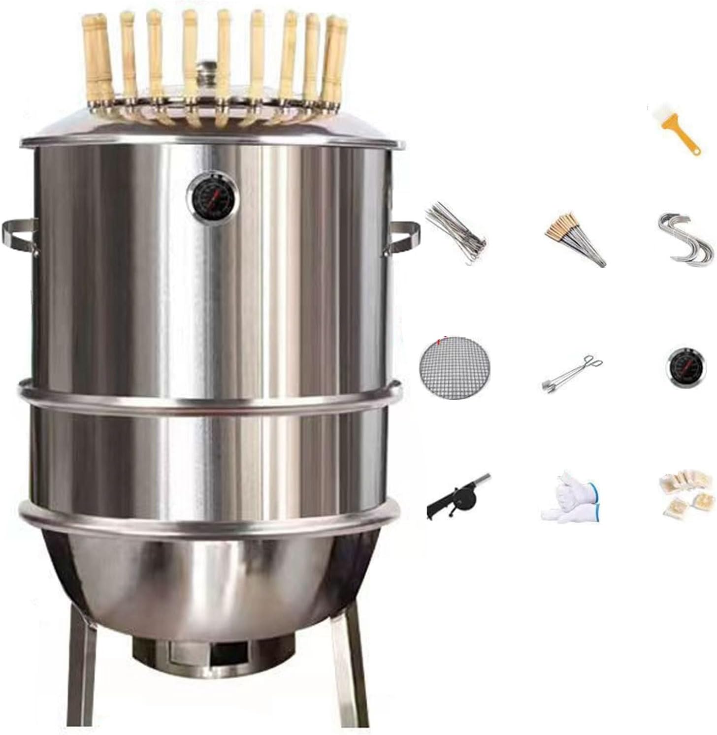 Parrillero Ahumador Barbacoa Incluye Termómetro Y Accesorios Fabricado en Acero Inoxidable Rejilla Colgante en Forma De Anillo 42 Cm De Diámetro Barril para Asador(42 * 78cm)