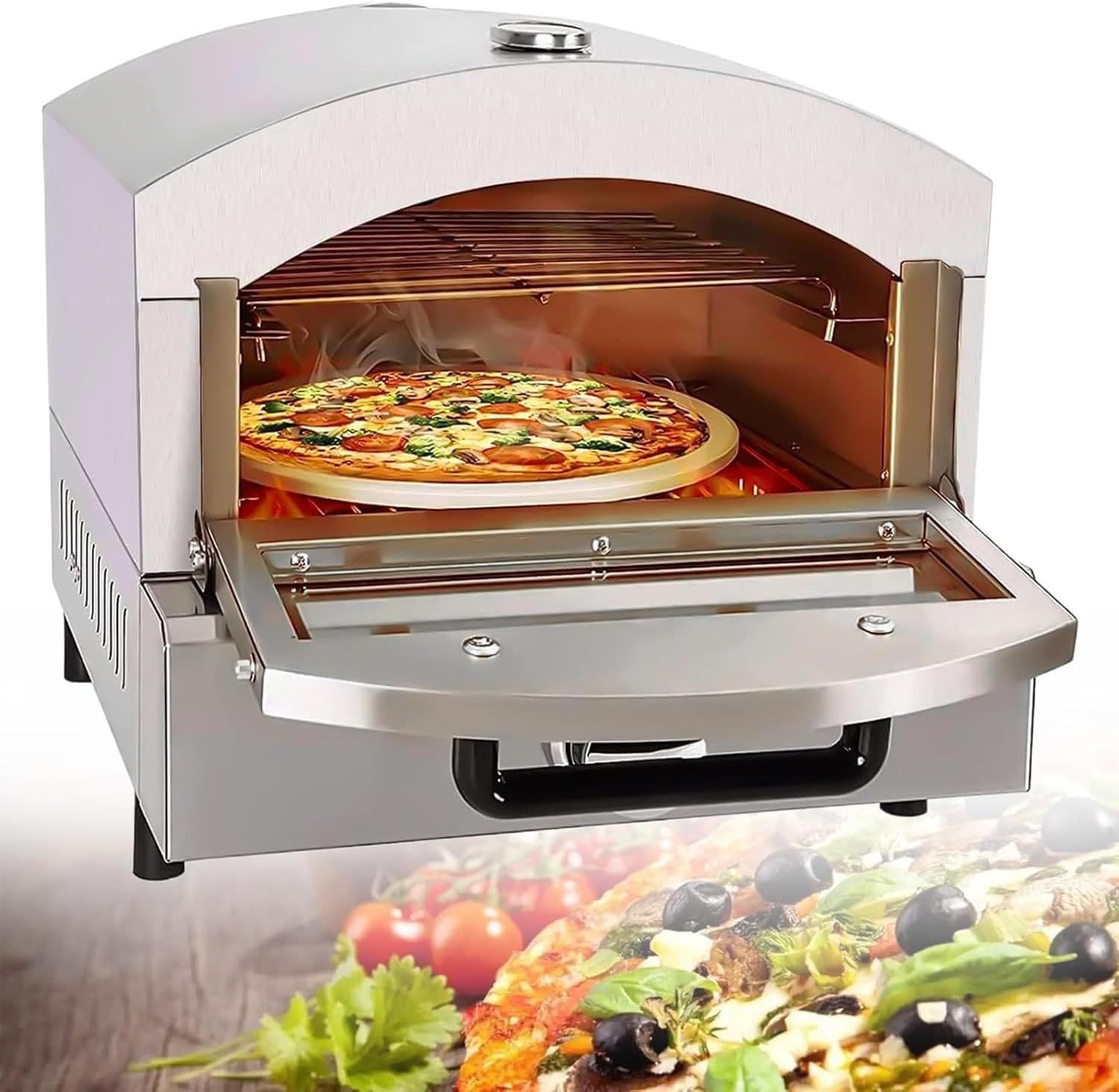 Horno de Pizza Portátil y de Gas con Termómetro Ventana Al Calor y Perilla Mecánica Horno de Pizza A Gas para Exteriores en Acero Inoxidable de 2 Niveles Electricity