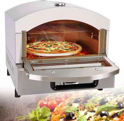 Horno de Pizza Portátil y de Gas con Termómetro Ventana Al Calor y Perilla Mecánica Horno de Pizza A Gas para Exteriores en Acero Inoxidable de 2 Niveles Electricity