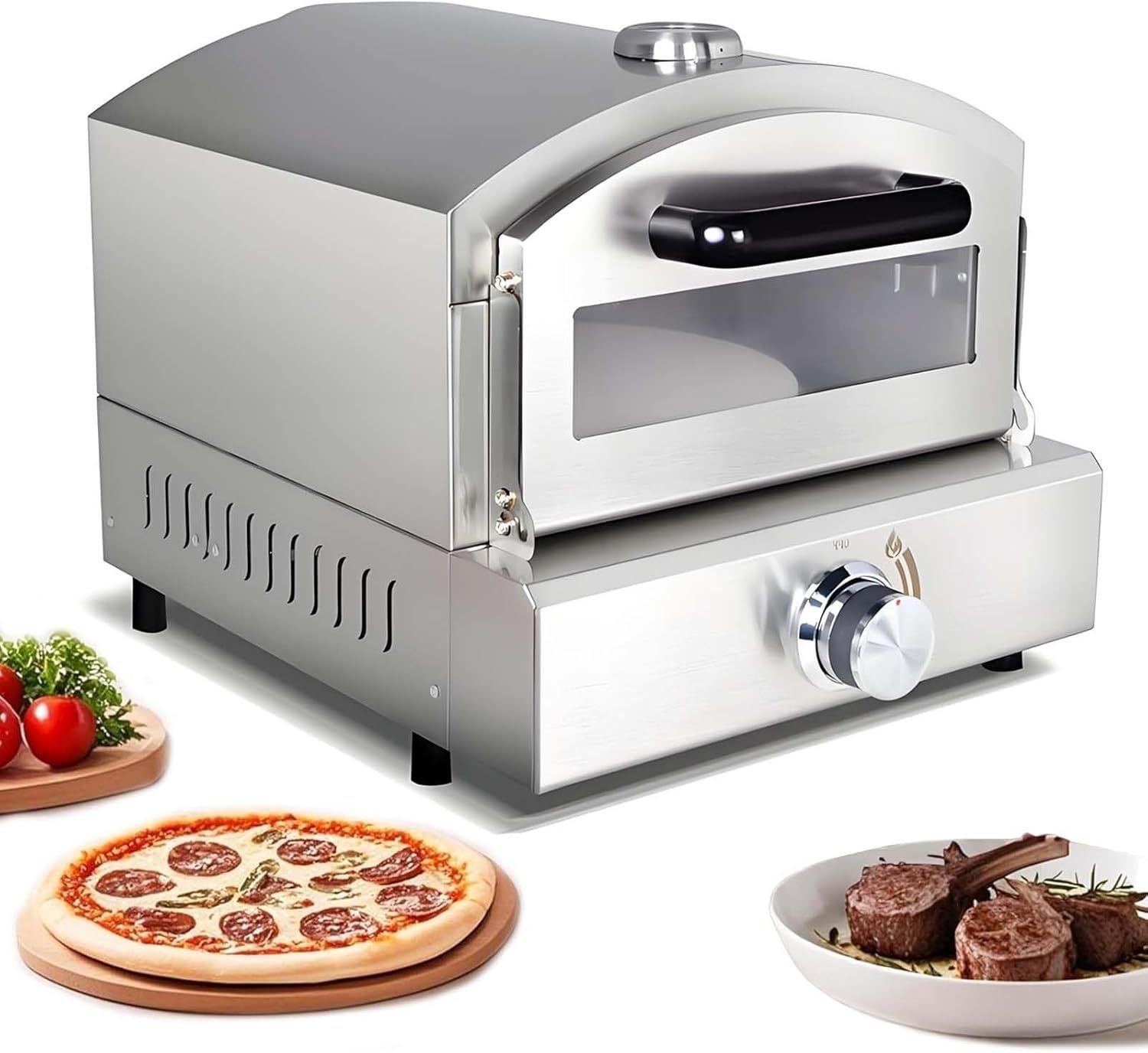 Horno De Pizza PortáTil A Propano, Asa Y Hornea SimultáNeamente, Calienta hasta 380 °C, con Piedra De Hornear De 30 Cm, TermóMetro Y Manguera De Gas, Acero Inoxidable para Patio