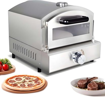 Horno De Pizza PortáTil A Propano, Asa Y Hornea SimultáNeamente, Calienta hasta 380 °C, con Piedra De Hornear De 30 Cm, TermóMetro Y Manguera De Gas, Acero Inoxidable para Patio