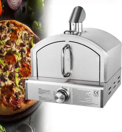 Horno de pizza a gas portátil para exteriores, barbacoas de exterior, dial de control de calor ajustable, quemador, piedra y manguera reguladora - Cocina pizzas de 12 pulgadas