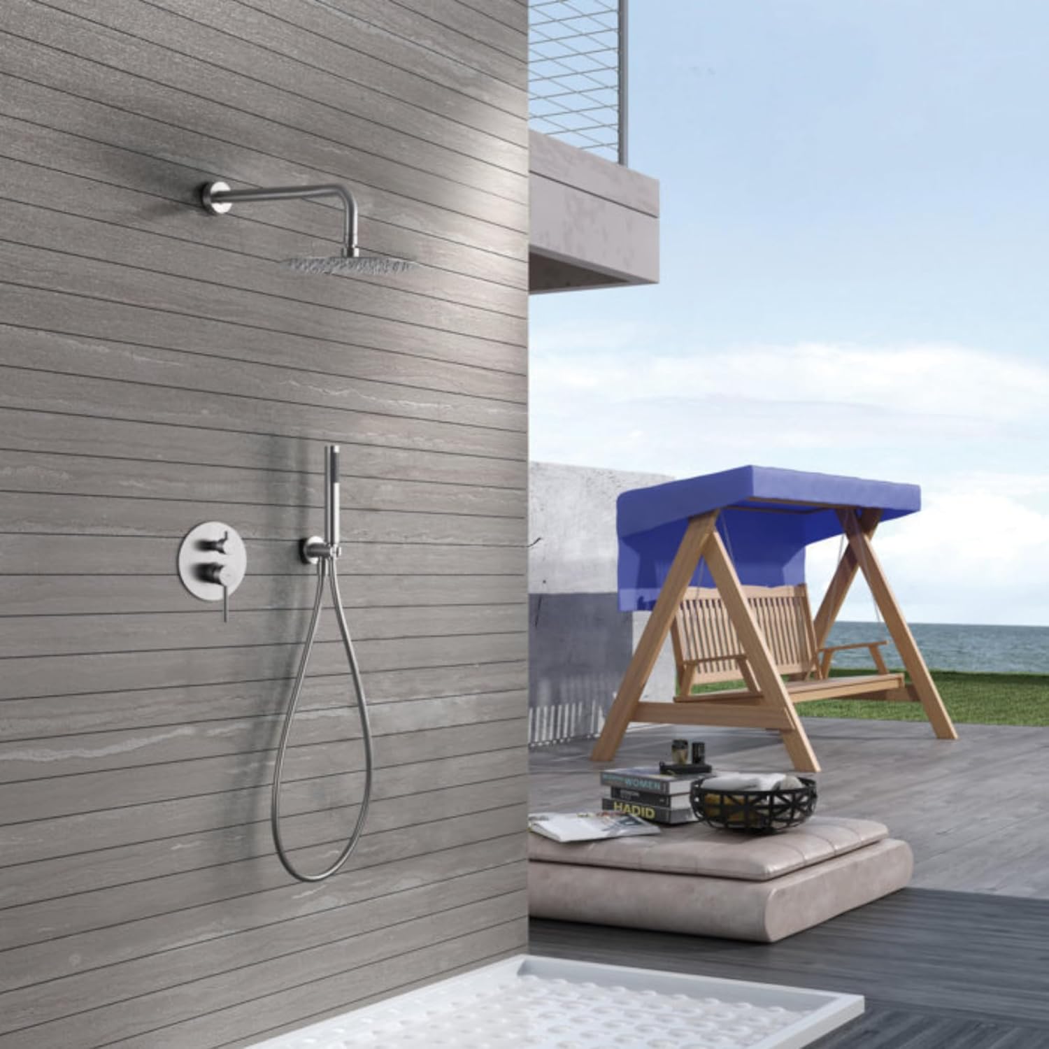 IMEX - Ducha Exterior Pared Acero Inoxidable | Ducha de Jardín Empotrable Exterior para Pared de Acero S.316 | Conjunto de Grifería con Agua Fría y Caliente para Piscina con Alcachofa | Serie Moscú