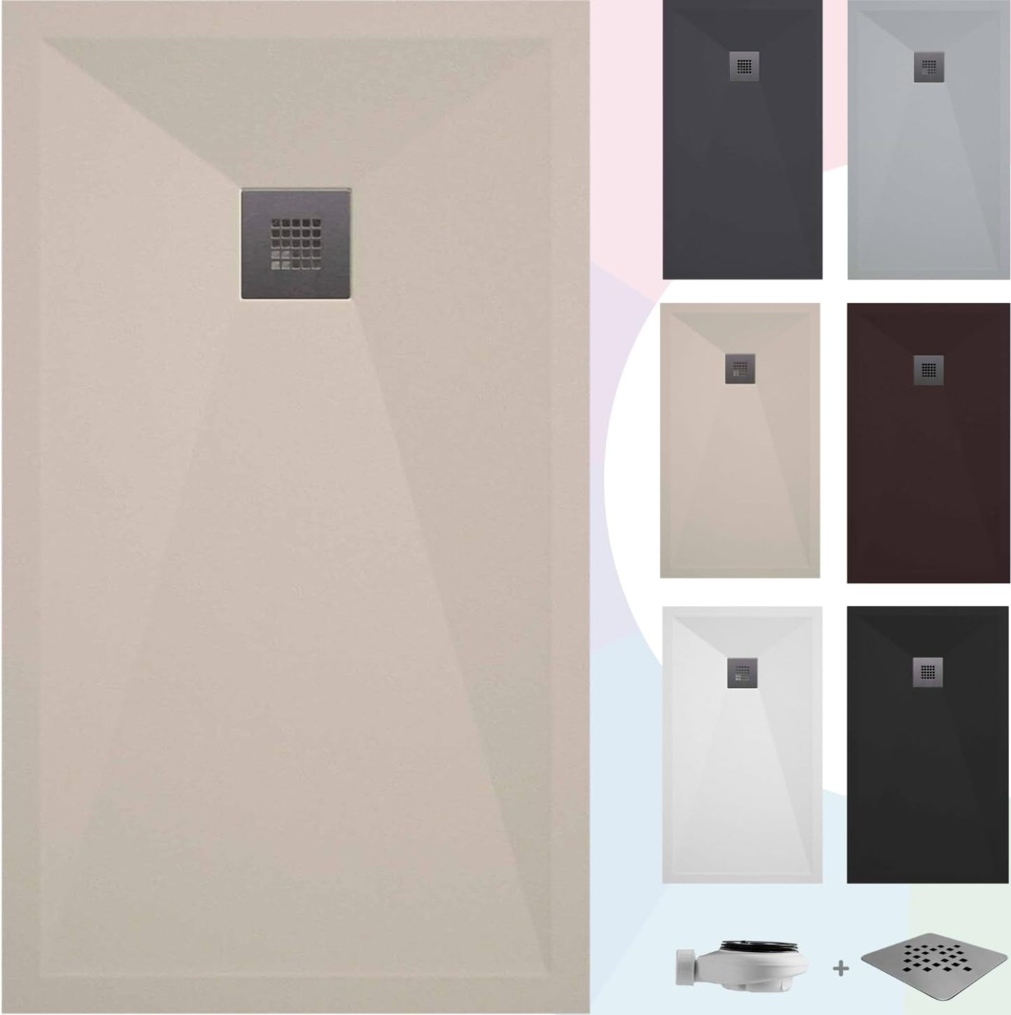 SOULBATH Plato de Ducha - Resina - Textura Liso Seda - Antideslizante - Color Crema - 150x70- Extraplano - Gel-Coating® - Incluye Válvula desagüe+Rejilla