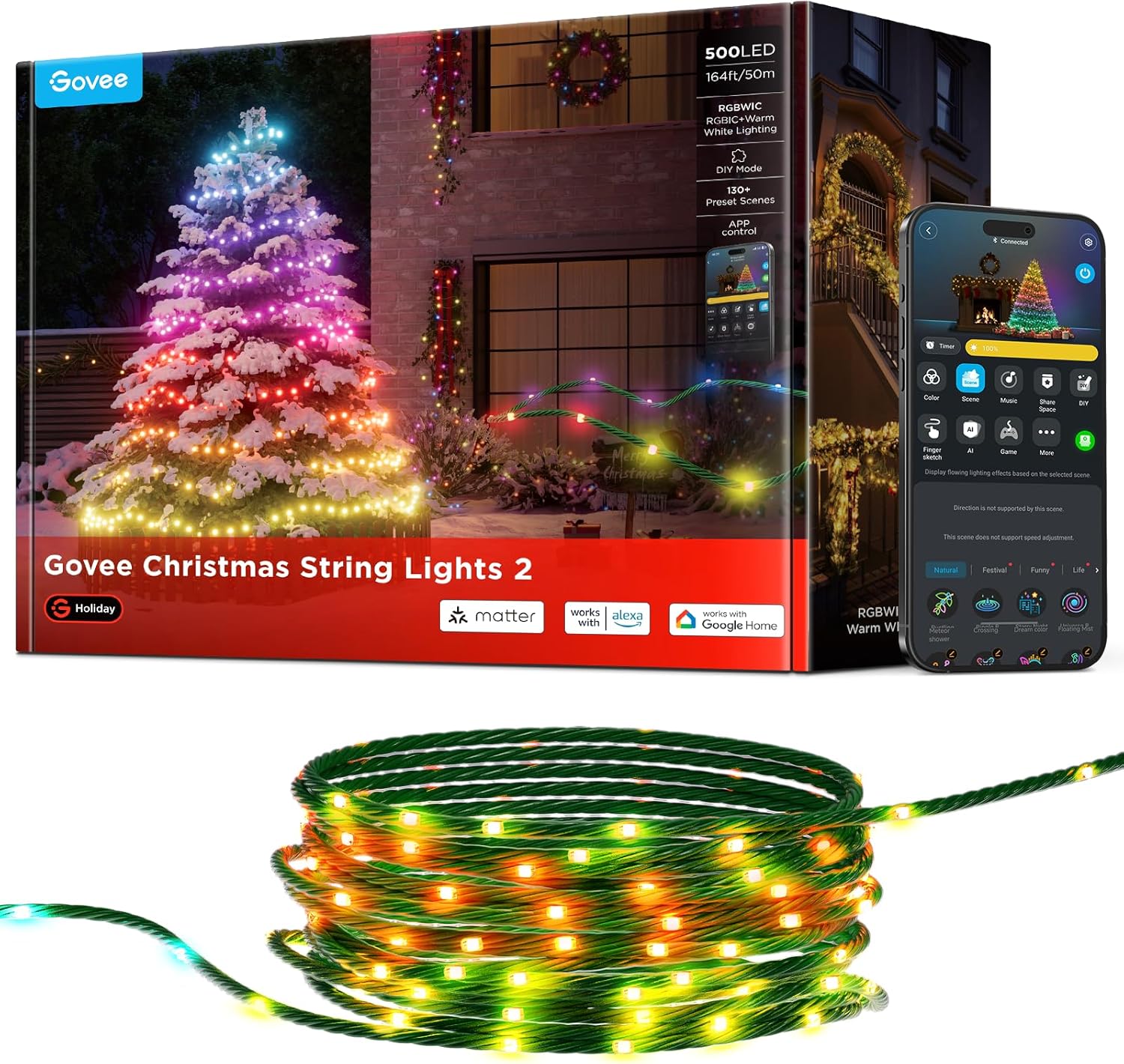 Govee RGBWIC Luces Navideñas 50m, 500 LEDs Fairy Lights con Shape Mapping y AIGC, Decoración de Interior Exterior para Halloween Navidad, 130+ Modos de Escena, Compatibles con Matter, Cable Verdes