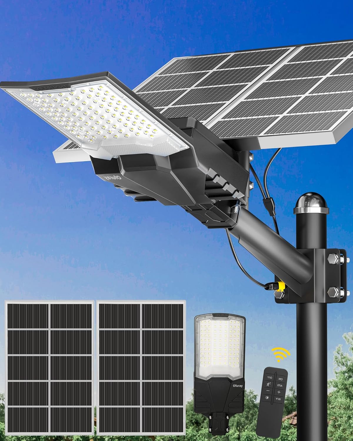 Ofuray OL-18200W Farolas Solares Exterior, 6500K Potente Farola Solar con Control Remoto, IP67 Impermeable focos led exterior Lámpara Solar Para Jardin, Patio, Garajes