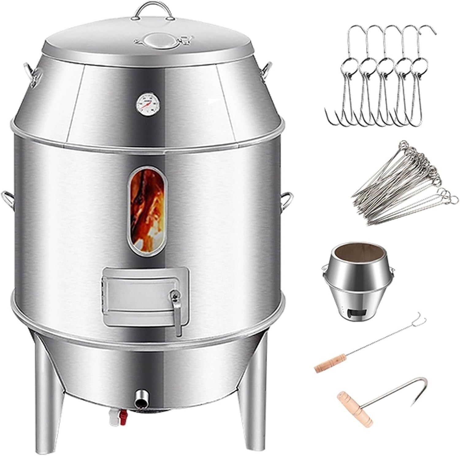 Ahumador Asador Barril Gran Capacidad Fabricado en Acero Inoxidable Totalmente Lavable Horno Circular Colgante De 360° Con Termómetro Y Puerta Central Barbacoa Portatil