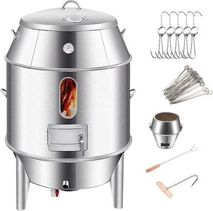 Ahumador Asador Barril Gran Capacidad Fabricado en Acero Inoxidable Totalmente Lavable Horno Circular Colgante De 360° Con Termómetro Y Puerta Central Barbacoa Portatil