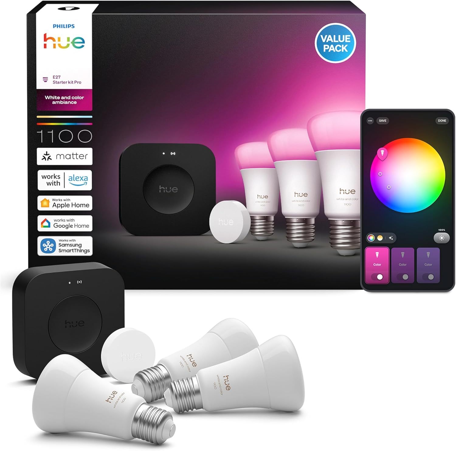 Philips Hue Starter Kit Pro: Hue Bridge Pro + Smart Button + 3 bombillas led inteligentes E27, luz blanca y colores, compatible con Matter, Apple Home, Amazon Alexa, Google Home, Samsung SmartThings