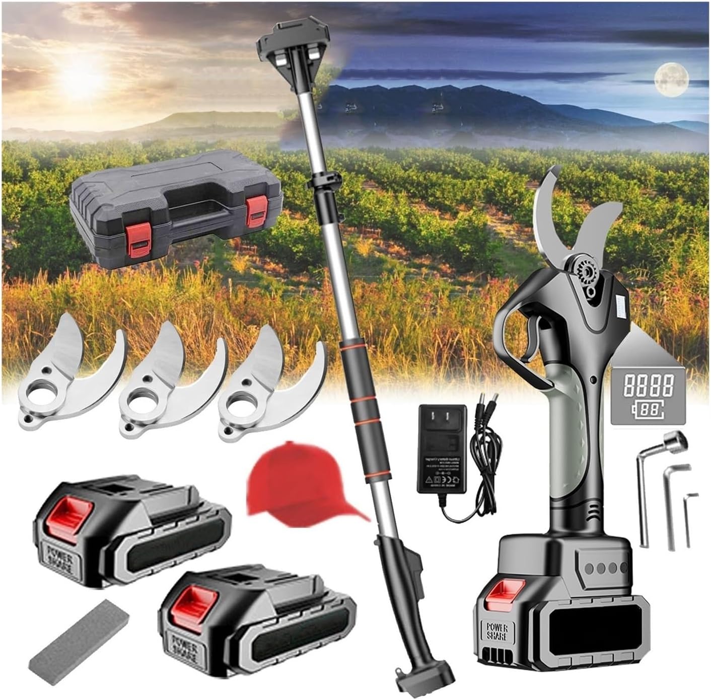 Tijera de Podar Eléctricas de 45mm con Alargador, Tijeras de Podar Bateria Profesional con 2 Baterías de 21V/2000 mAh-Podadora Eléctrica con Cuchilla y LCD para Jardinería,Olivos Ramas(Negro)